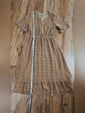 Polagram Size Small Textured Brown Midi Dress with Pom Detail